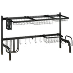 Dish Drainer 2-Tier with Hooks, Drip Tray, Steel, Black
