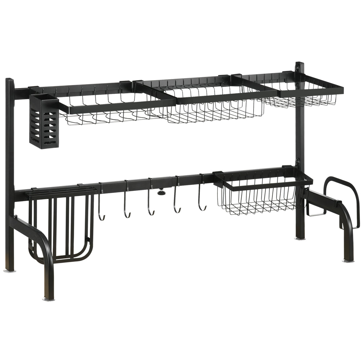 Dish Drainer 2-Tier with Hooks, Drip Tray, Steel, Black
