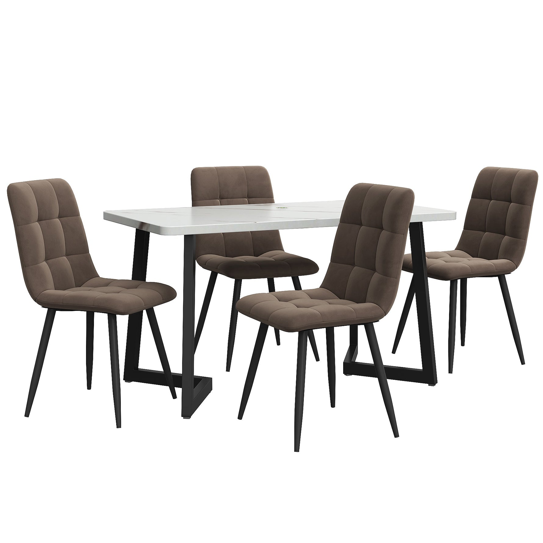 Dining Set 5-Piece Rectangular 117x68cm Table 4 Chairs Brown Velvet Black Legs