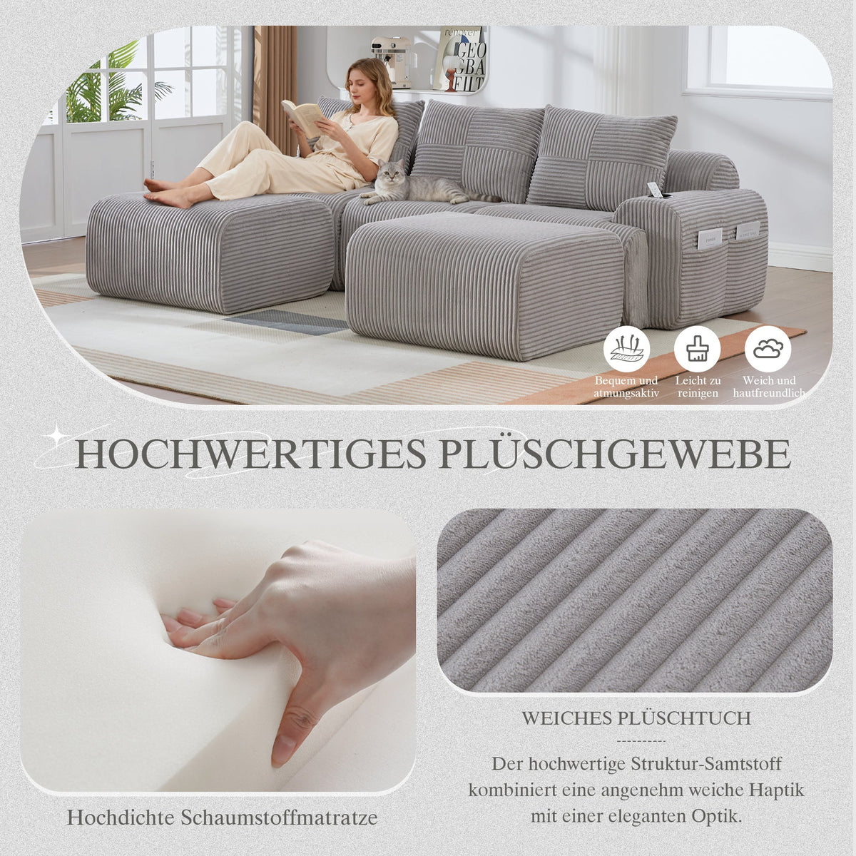 Modular Corduroy Sofa 3-Seater 2 Ottomans Cup Holders Storage Light Grey