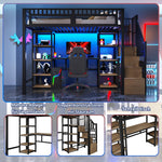 Loft Bed with Desk, LED Lights, USB Port and Storage Ladder, Black Iron Frame