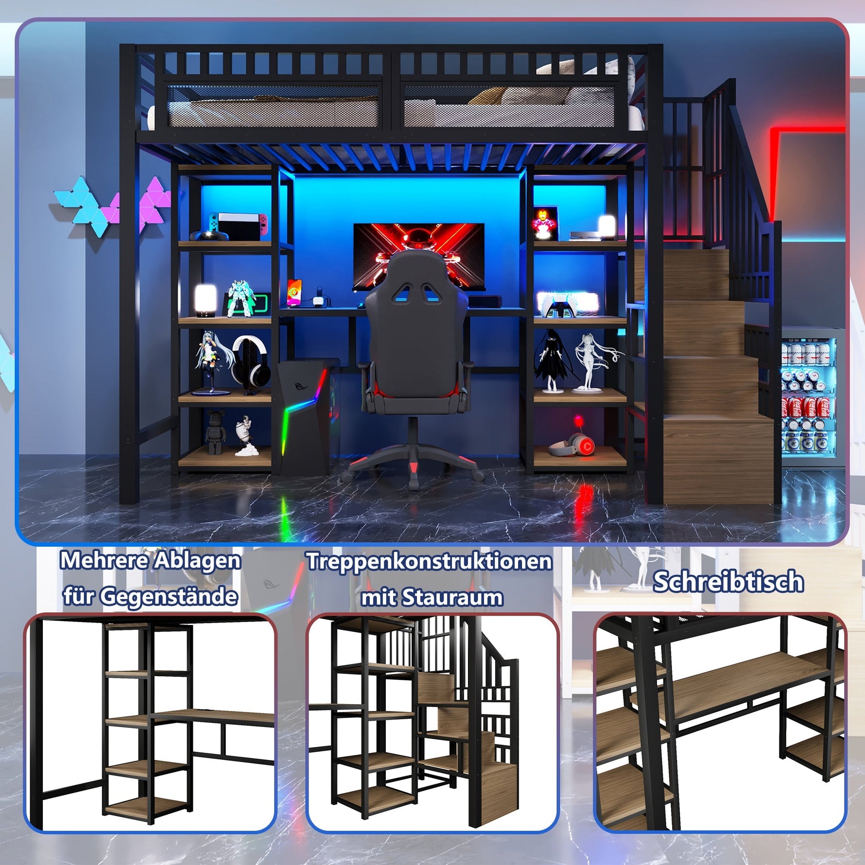 Loft Bed with Desk, LED Lights, USB Port and Storage Ladder, Black Iron Frame