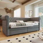 Vintage Upholstered Daybed 90x200cm with 2 Drawers, Grey Linen