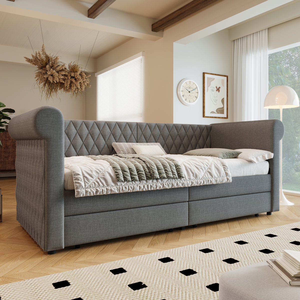 Vintage Upholstered Daybed 90x200cm with 2 Drawers, Grey Linen