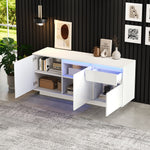 Side Cabinet, 140x40x60cm 3 Cabinets 1 Drawer Adjustable Shelves LED High-Gloss, MDF White