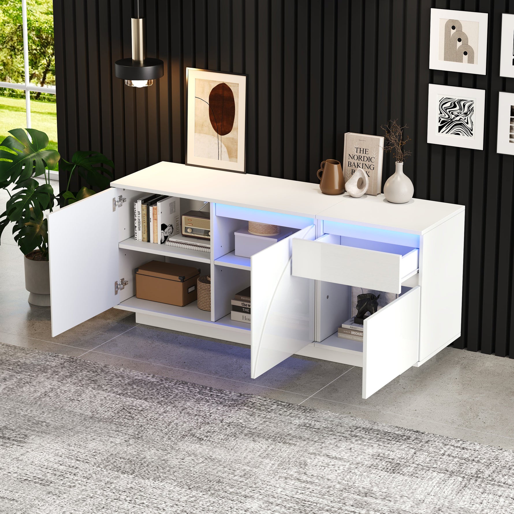 Side Cabinet, 140x40x60cm 3 Cabinets 1 Drawer Adjustable Shelves LED High-Gloss, MDF White