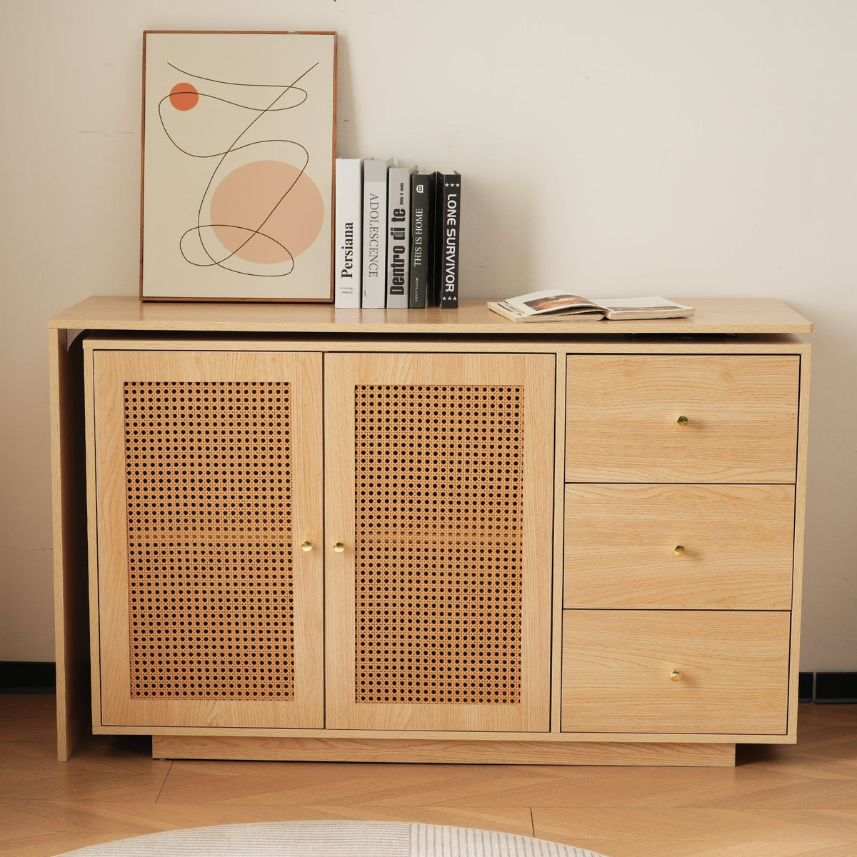 Desk, L-Shaped Corner Computer Table with Rattan Doors, 126 cm White