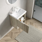 Bathroom Vanity Unit with Ceramic Sink and Open Shelf, Oak Cream Wood Grain