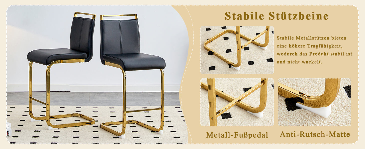 Bar Stools Set of 2 Nordic Style Gold Metal Legs - Black Faux Leather