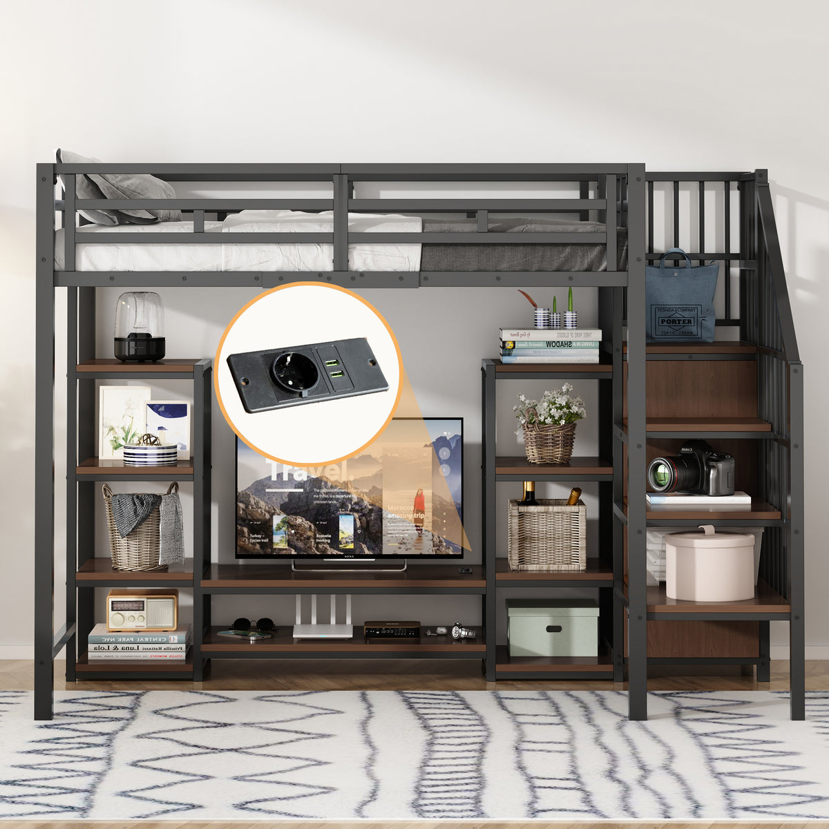 Loft Bed 90x200 with TV Stand, Power Outlet & Ladder, Black