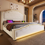 Upholstered Bed 140x200, Double with 4 Drawers, LED, USB-C, Velvet Beige