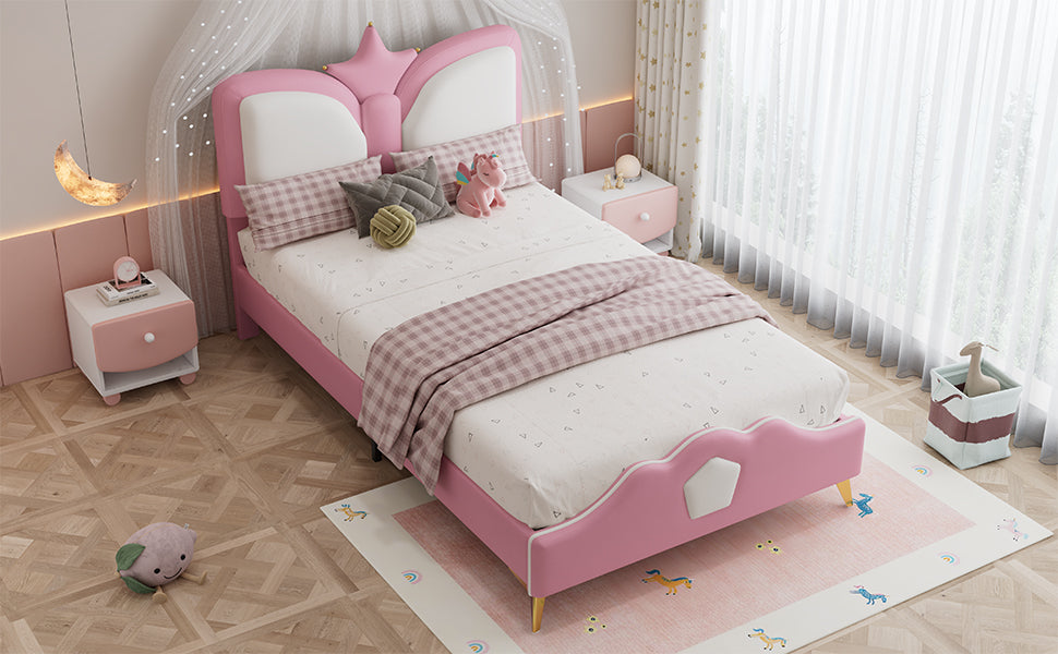 Kids Upholstered Bed 90x200cm Crown Headboard, Pink & White