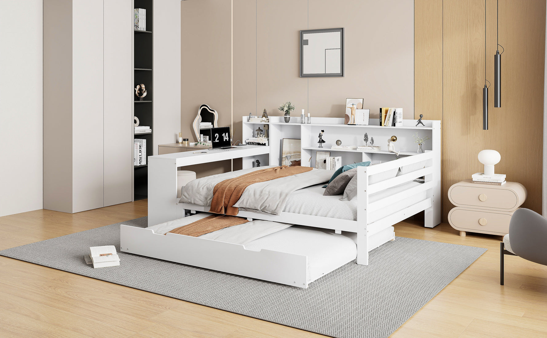 Sofa Bed, Multifunctional Double with Desk, Bookshelves, Storage, Power Outlets, Pull-Out Bed, Solid Wood