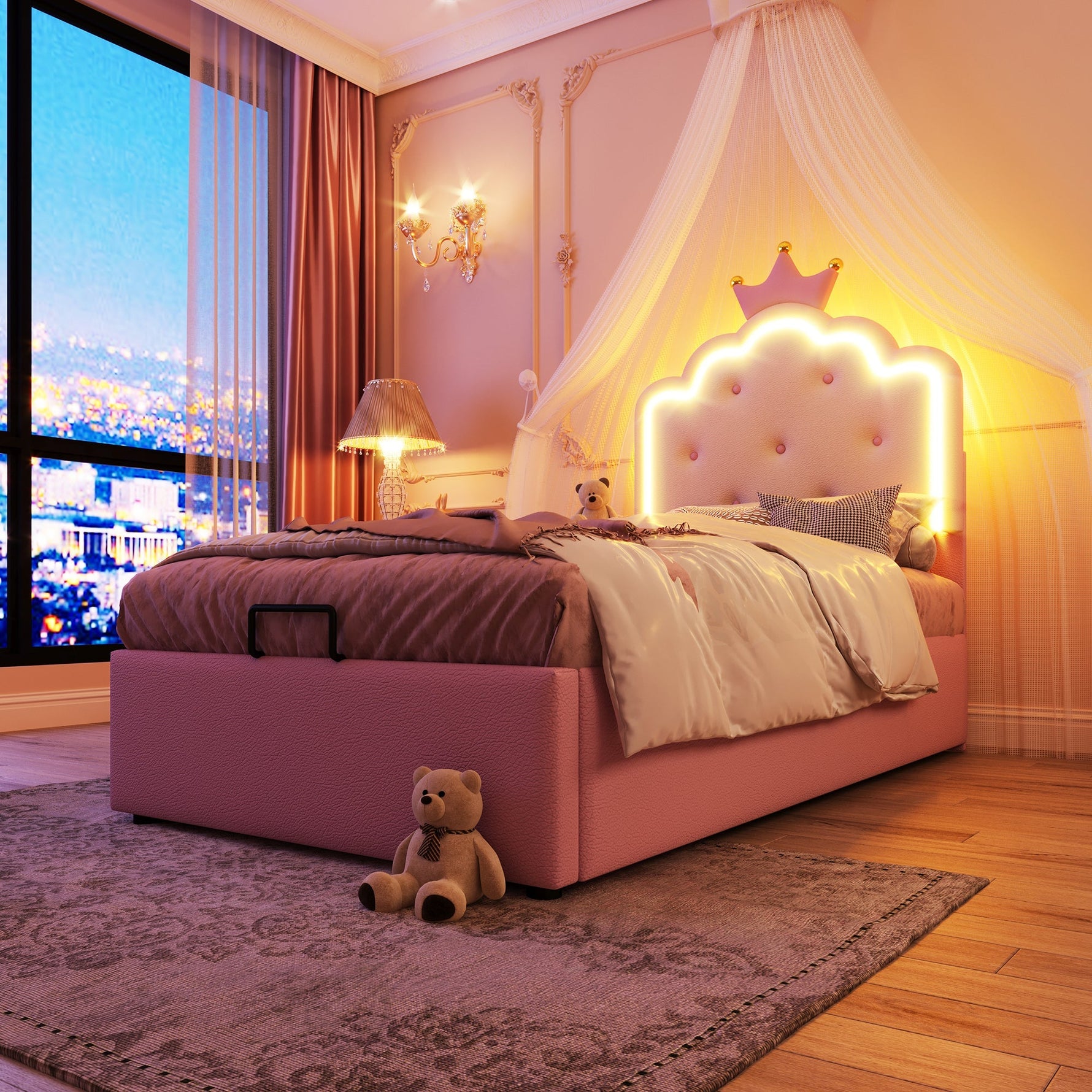 Upholstered Bed 90x200cm Princess Hydraulic Storage Ambient LED Lighting Pink PU