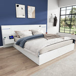 Double Bed with USB Port, Bluetooth Speaker, LED and 2 Bedside Tables, 180x200cm, White Wood