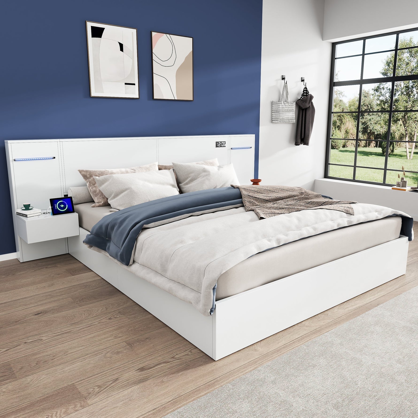 Double Bed with USB Port, Bluetooth Speaker, LED and 2 Bedside Tables, 180x200cm, White Wood