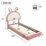 Upholstered Single Bed with Rabbit-Shaped Headboard and LED Light Strip, 90x200cm, Pink and White PU + Plywood