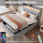 Upholstered Bed 140x200cm, LED & USB, Hydraulic Storage, Light Grey Linen