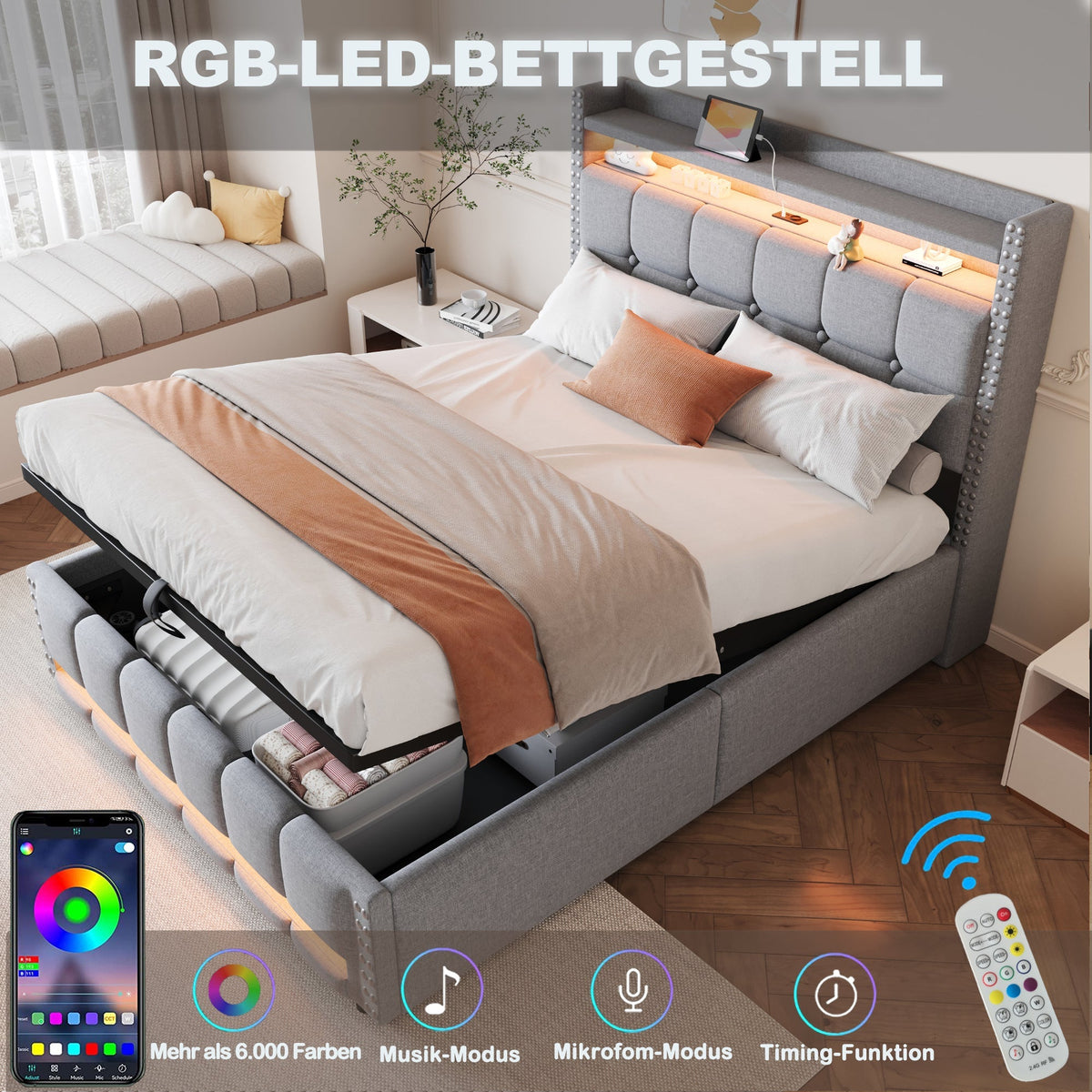Upholstered Bed 140x200cm, LED & USB, Hydraulic Storage, Light Grey Linen