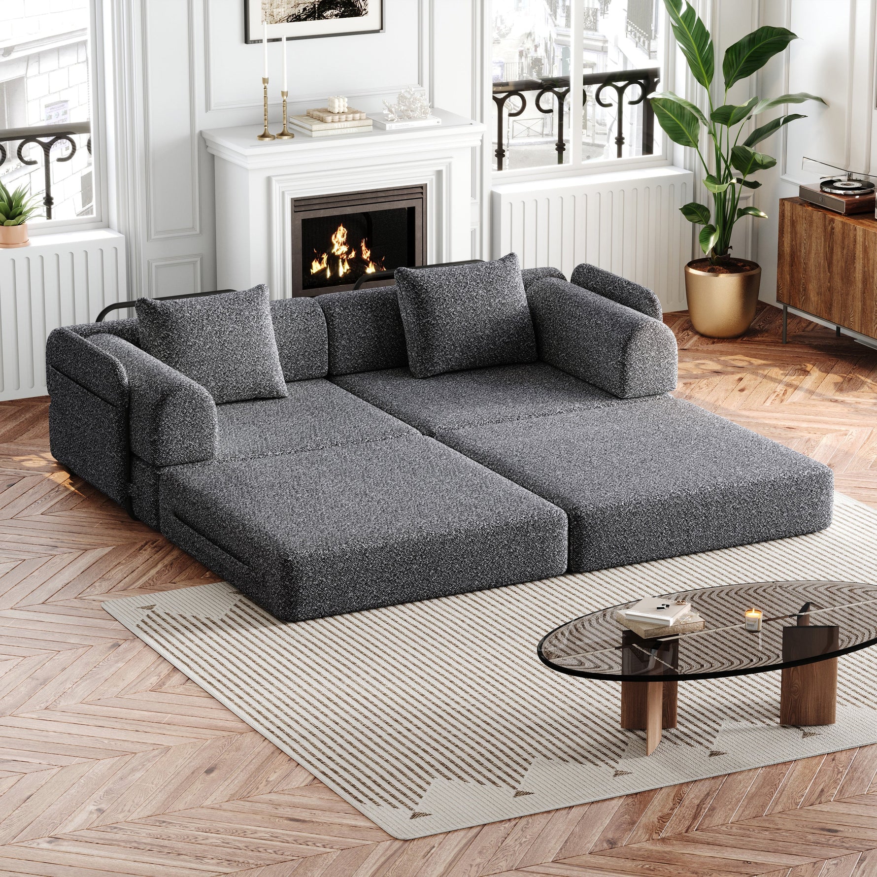 Chenille 2-in-1 Sleeper Sofa with Armrest Storage and Metal Frame, Multiple Configurations, Gray Chenille