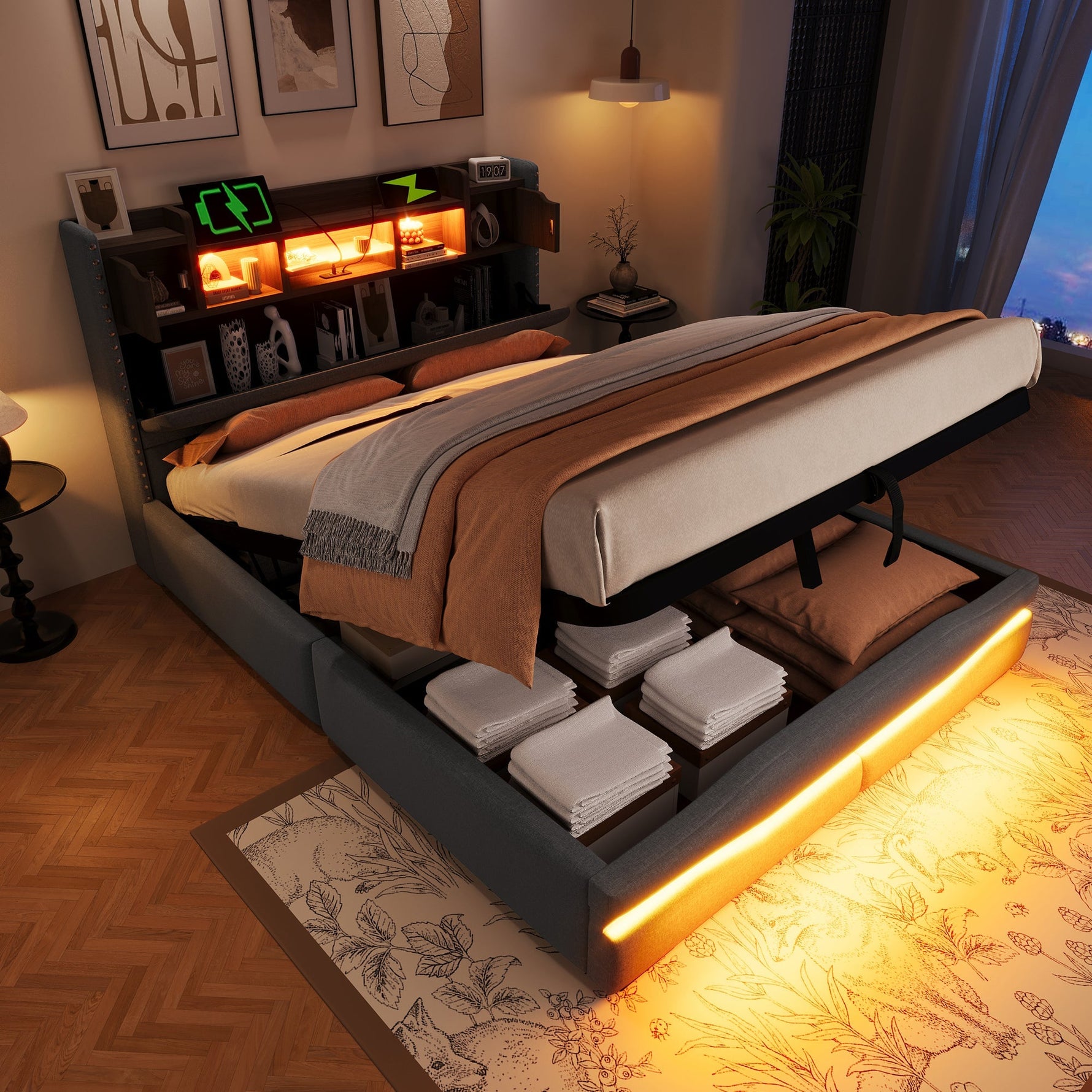 Upholstered Bed with USB-C Charging, LED Ambient Lighting and Hydraulic Storage, Grey