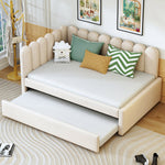 L-shaped Upholstered Bed, Sofa Bed 140x200 cm, Floral Backrest, Pull-Out Bed, Beige Velvet