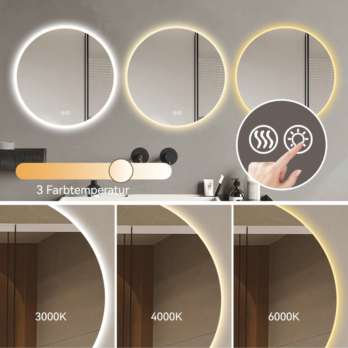 80cm Round LED Bathroom Mirror, Anti-Fog, Dimmable Light, Wall Mount