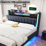 Upholstered Bed, 140x200, LED & USB, Storage Headboard, Floating Design, Grey Linen