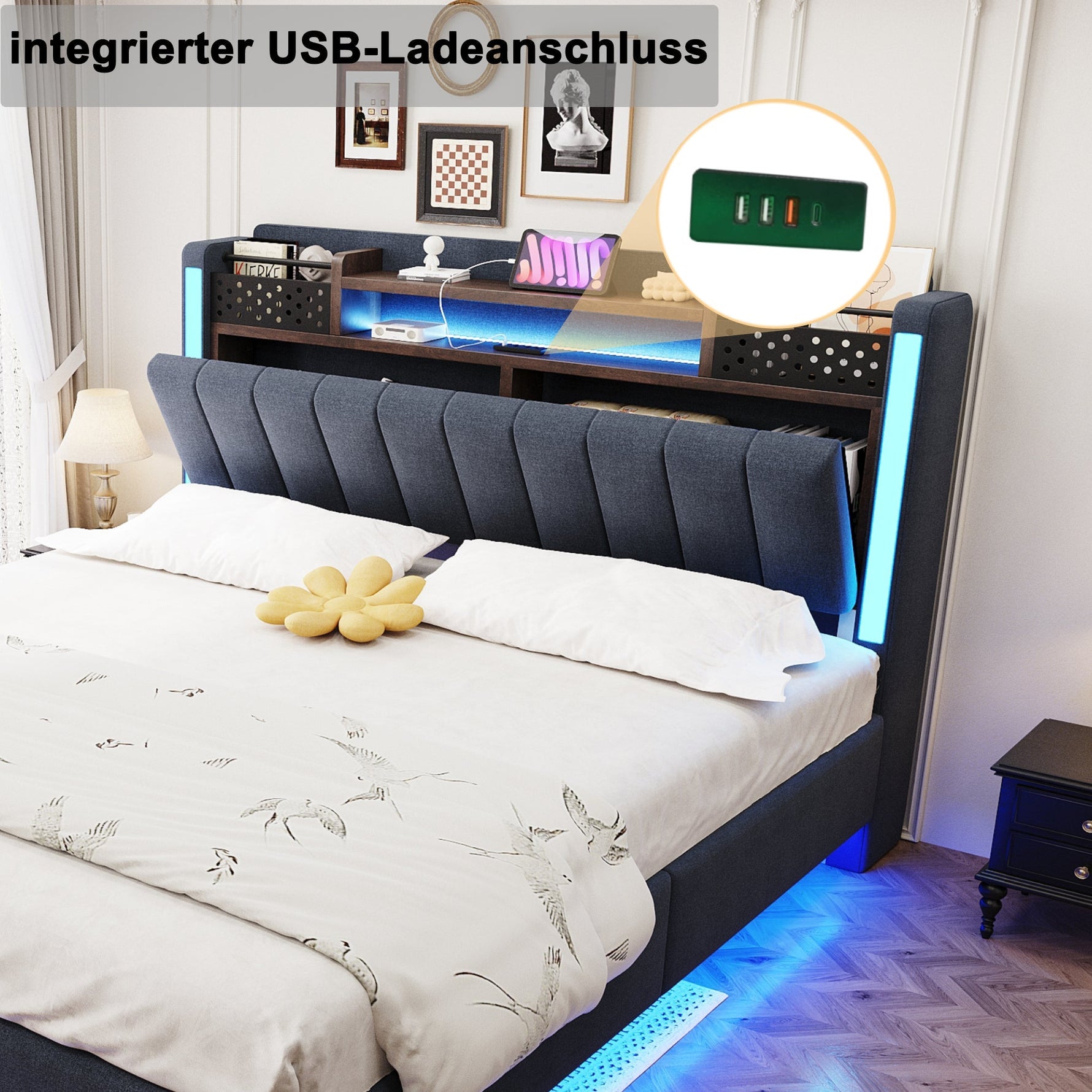 Upholstered Bed, 140x200, LED & USB, Storage Headboard, Floating Design, Grey Linen