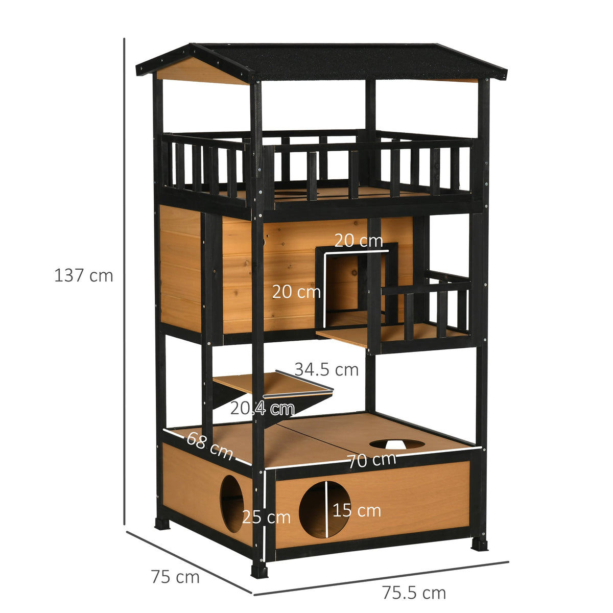 Cat House, 4 Levels with Stairs, Winter-Proof, Yellow Fir Wood