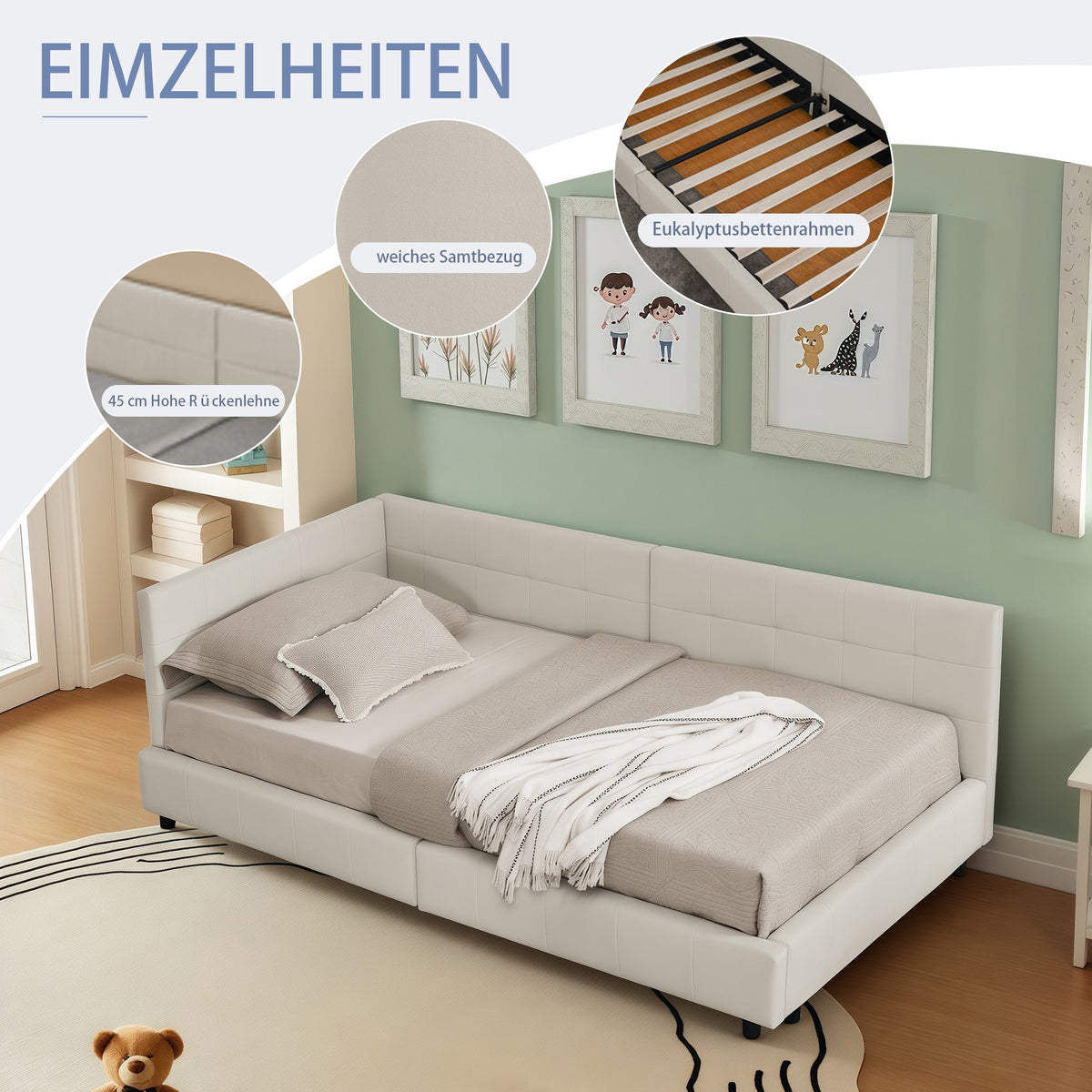 Single Bed 90x200cm High Back Velvet Beige