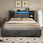 Upholstered Bed 180x200 with Hydraulic Storage & LED, Grey Linen