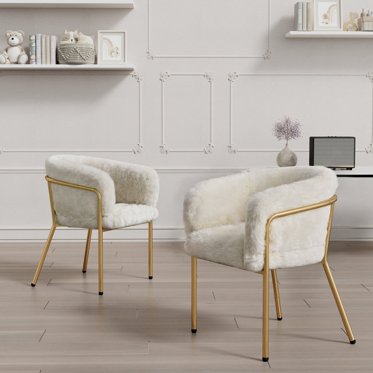 Leisure Chair Set of 2, Dressing/Dining, Metal Legs, Imitation Rabbit Down Beige
