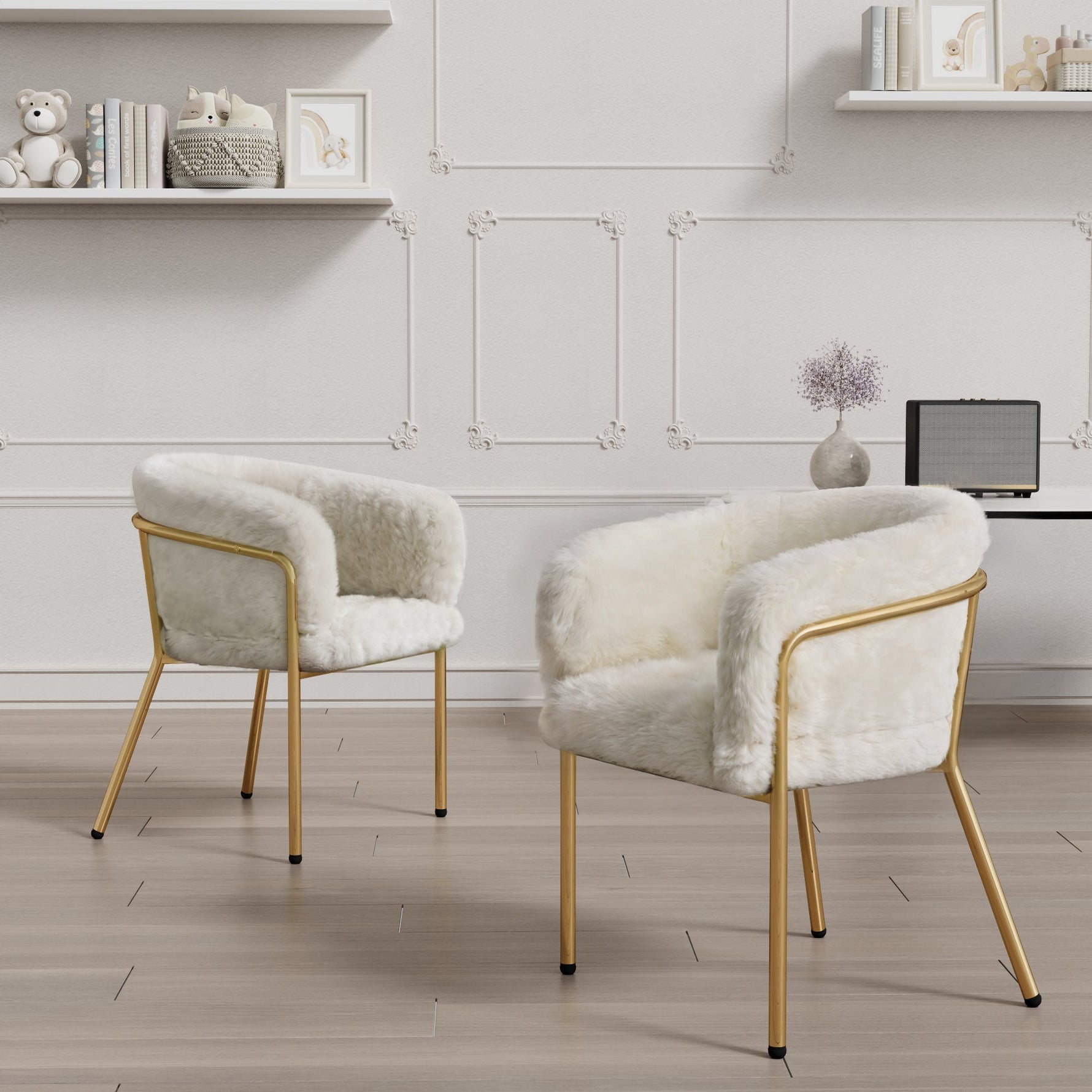 Leisure Chair, Single Dressing Dining Chair with 4 Metal Legs, Imitation Rabbit Down Beige