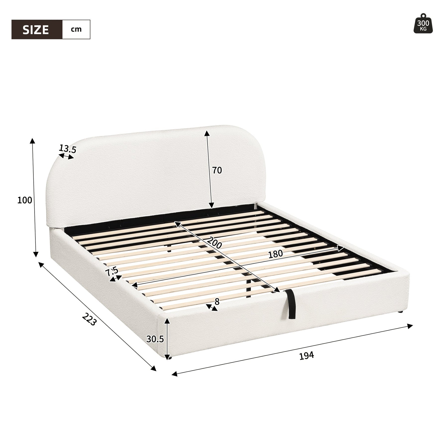 Upholstered Double Bed 180x200cm with Hydraulic Storage and Slatted Base, Beige Bouclé