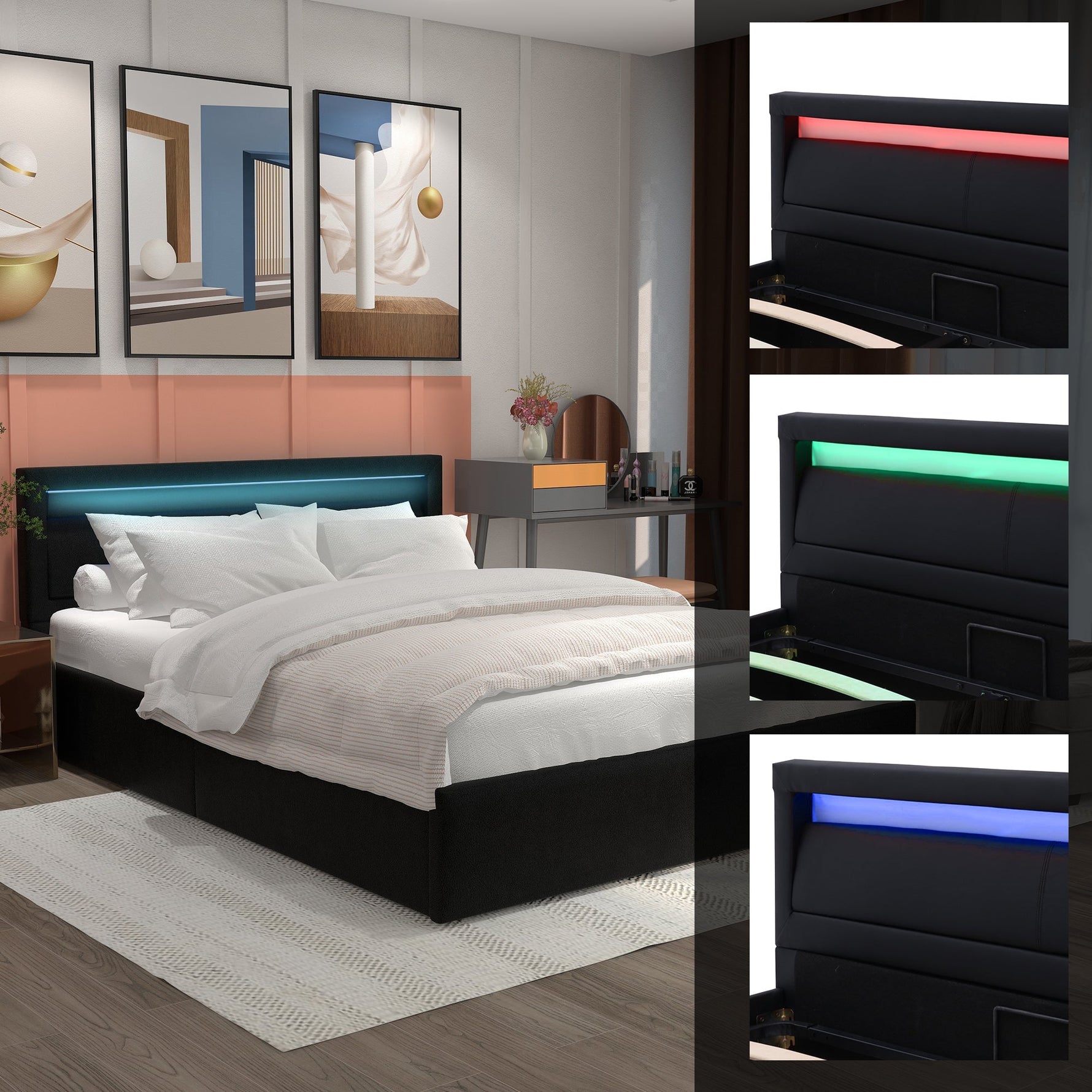 Upholstered Bed with LED Headboard, Storage and Slatted Base, 140x200cm, Black Faux Leather and Wood