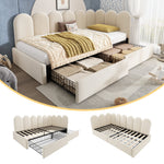 Upholstered Single Bed with Storage Drawers and Slatted Frame, Beige Samt