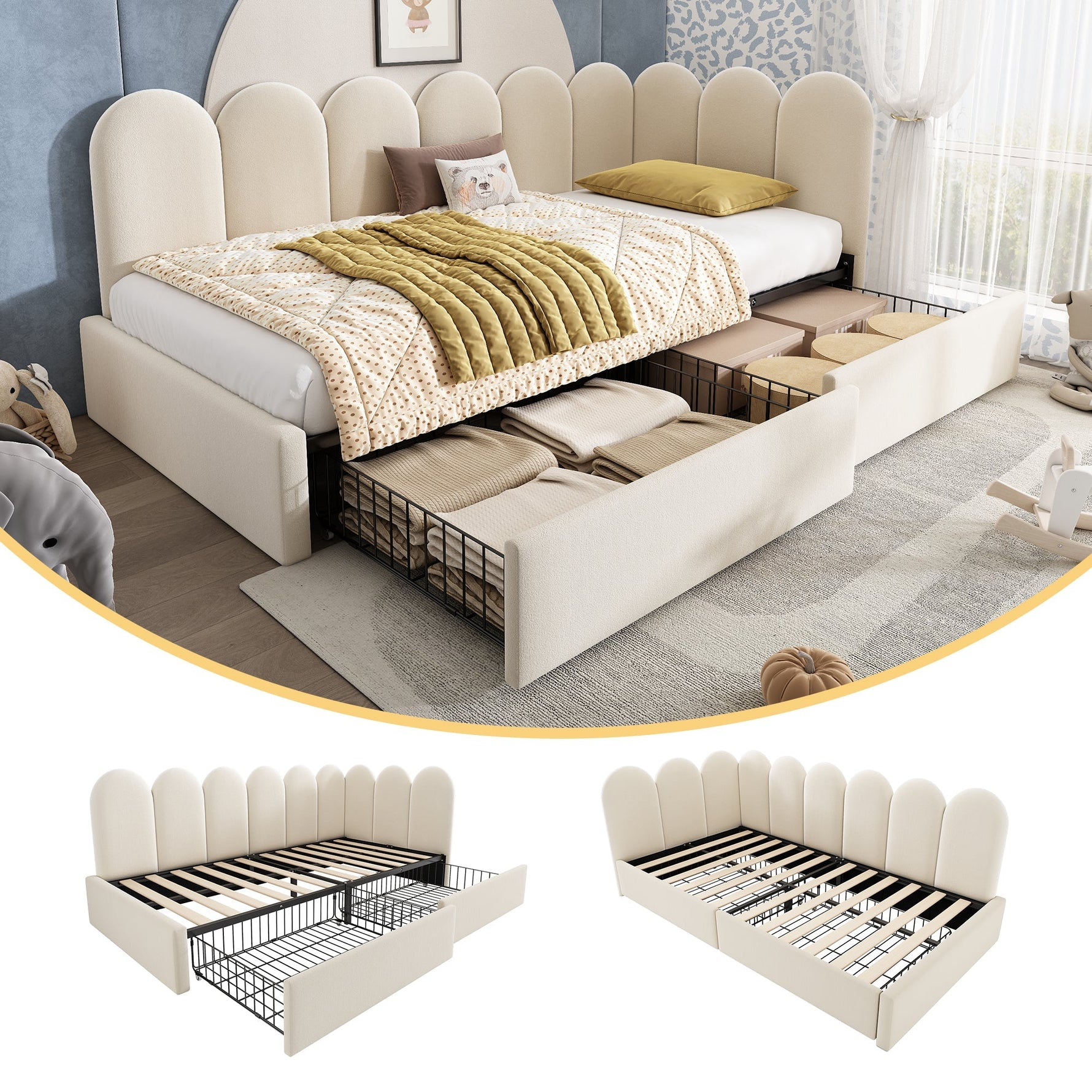 Upholstered Single Bed with Storage Drawers and Slatted Frame, Beige Samt
