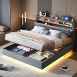 Upholstered Bed 140x200 cm, Hydraulic Floating with Storage, USB & LED, Reversible Headboard, Linen Grey
