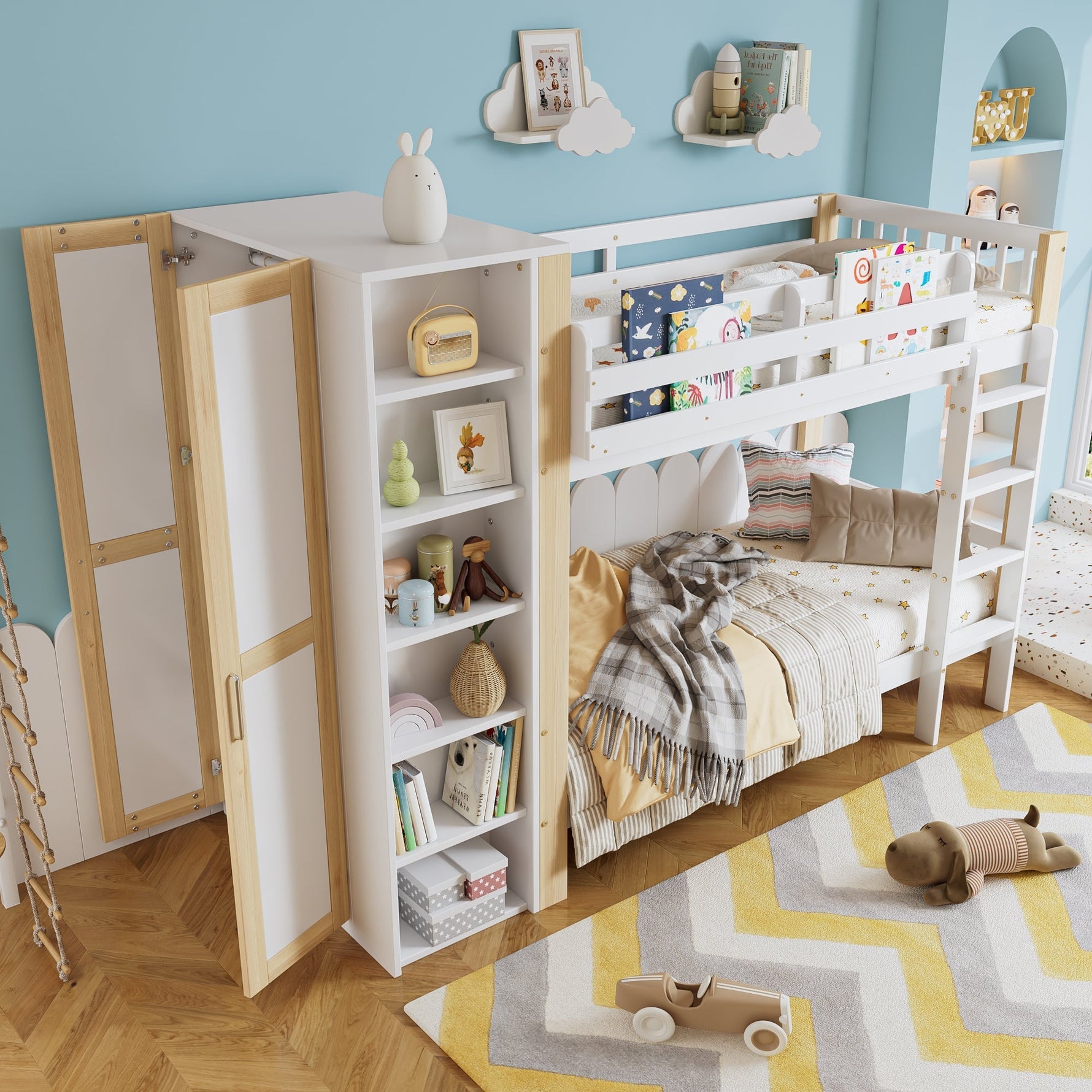 Bunk Bed, Child's with Ladder, Storage & Wardrobe, Pine+PB White+Natural
