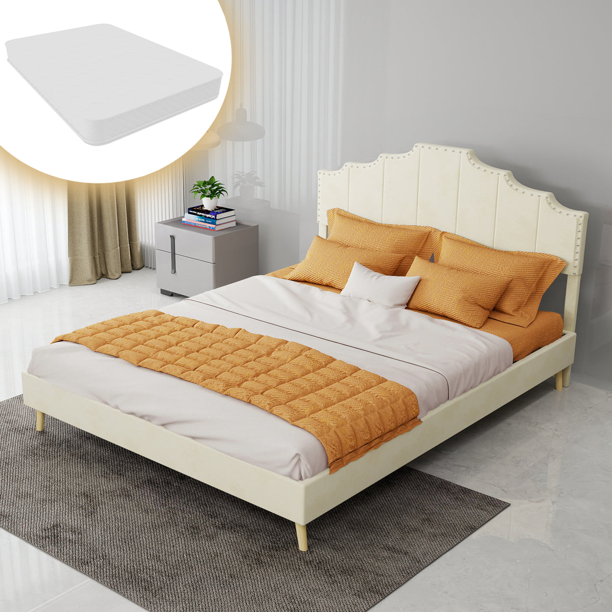 Modern Minimalist Soft Bed with Mattress 140x200cm, Beige