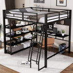 Iron Bed, Loft Bed with Storage, Charging Port, Ladder, Black Iron & Chipboard