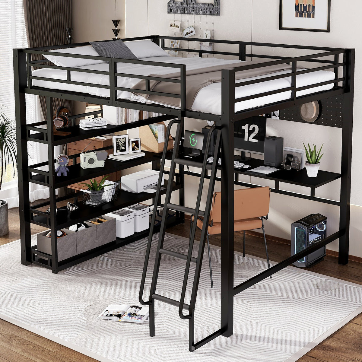 Iron Bed, Loft Bed with Storage, Charging Port, Ladder, Black Iron & Chipboard