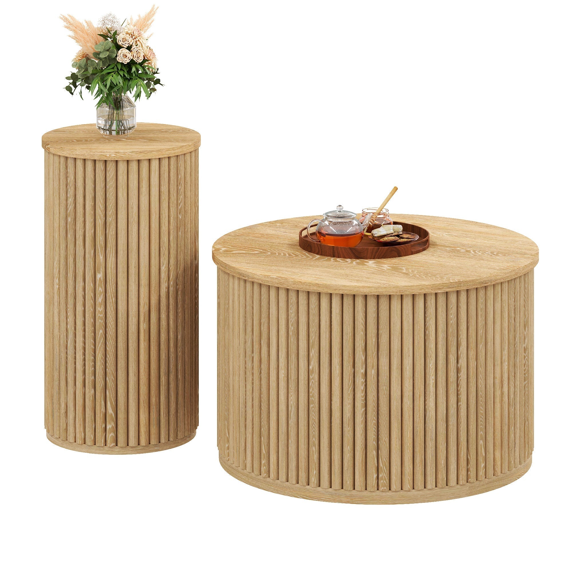 Coffee Table Double Round Slatted - Natural Wood