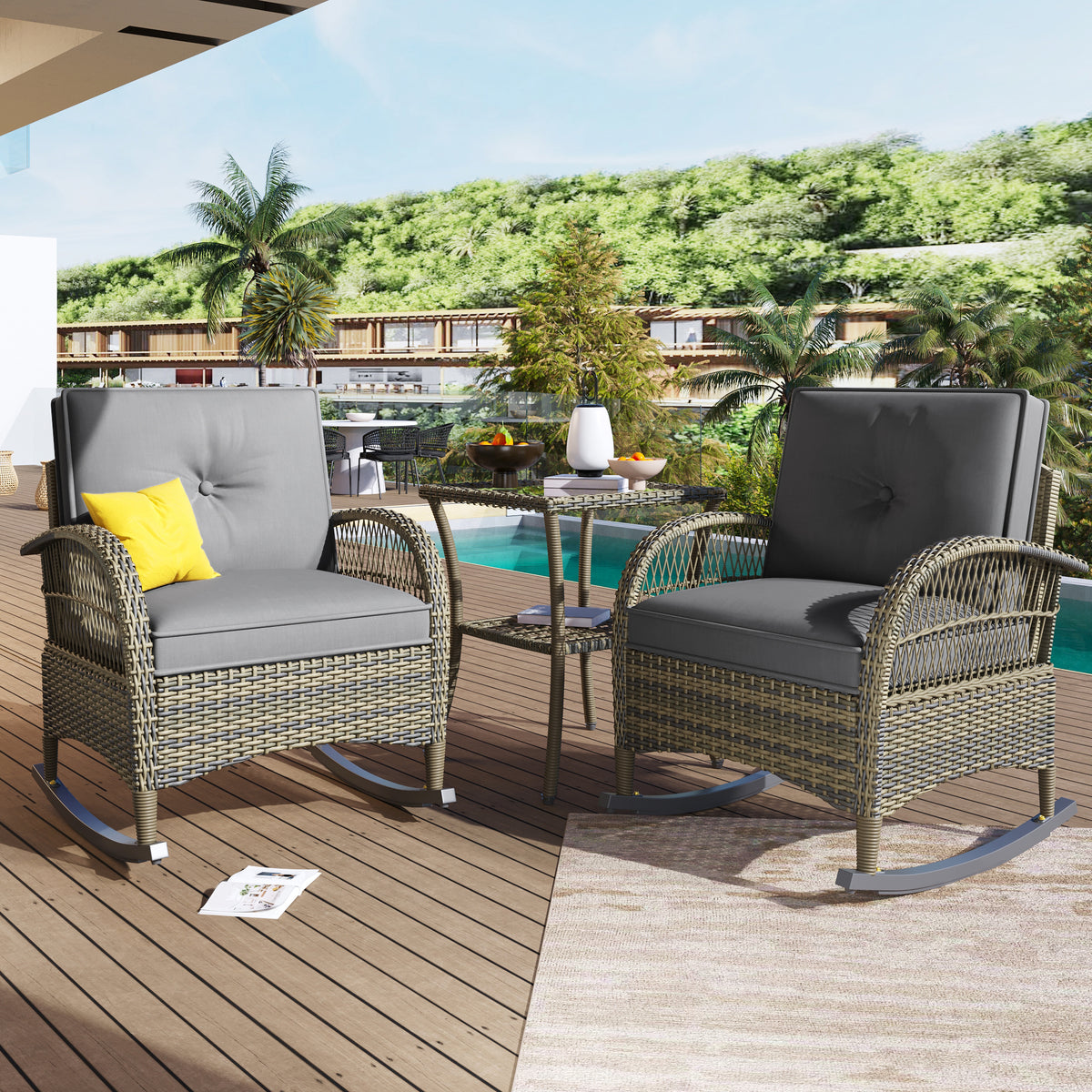 3-Piece Balcony Furniture Set with Cushions, Grey Rattan