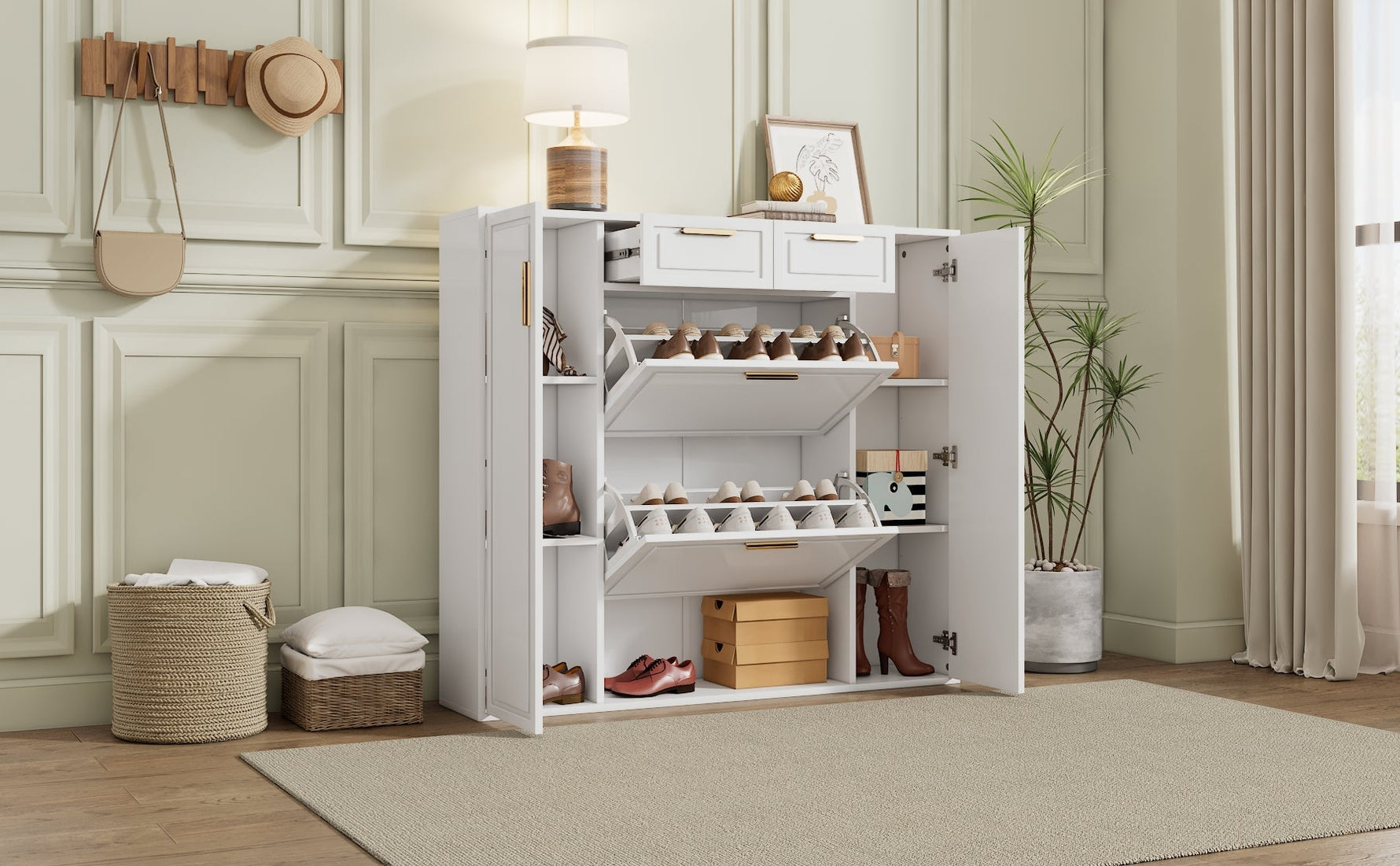 Modern shoe cabinet with adjustable shelves, 2 drawers, folding and 2 doors, white