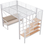 Bunk Bed with Removable Sofa, Storage and Safety Stairs, 140x200cm, White Metal