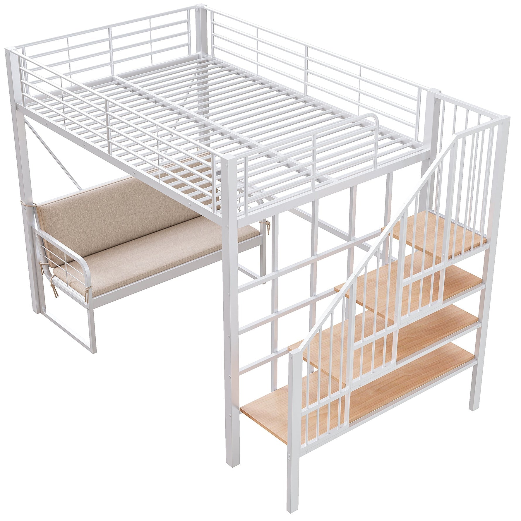 Bunk Bed with Removable Sofa, Storage and Safety Stairs, 140x200cm, White Metal