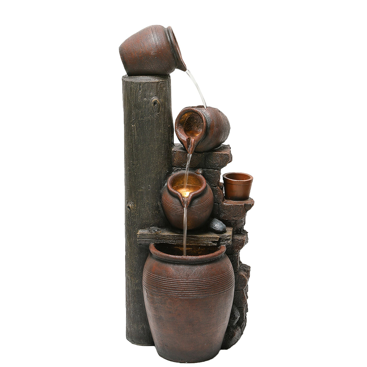 Garden Fountain with LED Lighting, Water Pump and Decorative Basin, Brown Artificial Stone