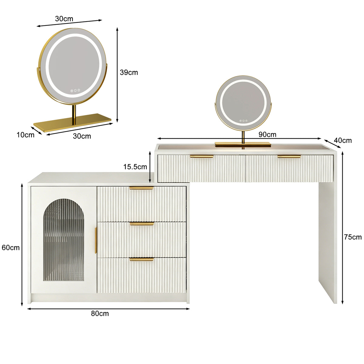 Modern Dressing Table with LED Mirror & Glass Top, White